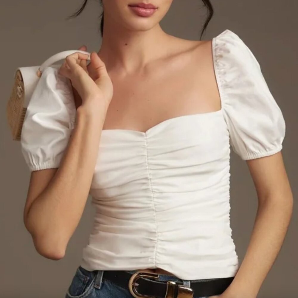 Reformation Radish Top with Ruching and Puff Sleeve - White Size 2